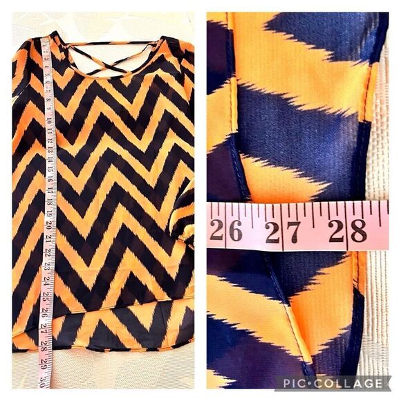 Moa‎ Moa Blouse Top Size M Long Sleeves Chevron Pattern Semi Sheer Orange Navy - Picture 7 of 12